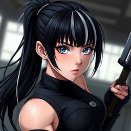A striking girl with jet-black hair featuring white streaks, styled with bangs and pulled back into a sleek ponytail