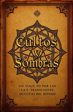 An ancient book cover design, titled 'Cultos y Sombras: Un Viaje por las Tradiciones Ocultas del Mundo', featuring intricate occult symbols from various cultures around the world, elegantly intertwined across the cover