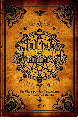 An ancient book cover design, titled 'Cultos y Sombras: Un Viaje por las Tradiciones Ocultas del Mundo', featuring intricate occult symbols from various cultures around the world, elegantly intertwined across the cover