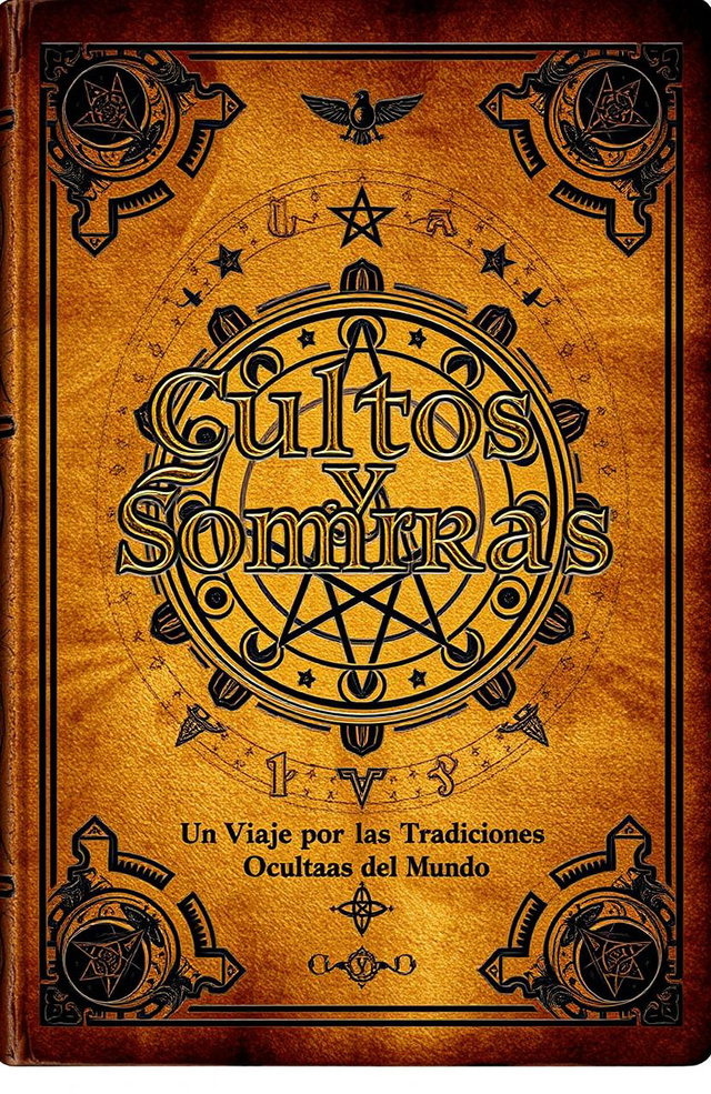 An ancient book cover design, titled 'Cultos y Sombras: Un Viaje por las Tradiciones Ocultas del Mundo', featuring intricate occult symbols from various cultures around the world, elegantly intertwined across the cover