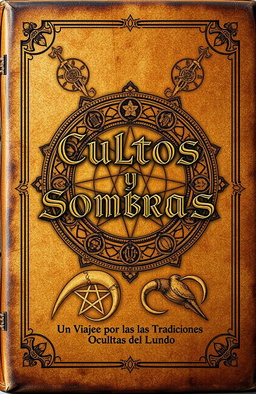An ancient book cover design, titled 'Cultos y Sombras: Un Viaje por las Tradiciones Ocultas del Mundo', featuring intricate occult symbols from various cultures around the world, elegantly intertwined across the cover
