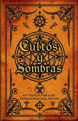 An ancient book cover design, titled 'Cultos y Sombras: Un Viaje por las Tradiciones Ocultas del Mundo', featuring intricate occult symbols from various cultures around the world, elegantly intertwined across the cover