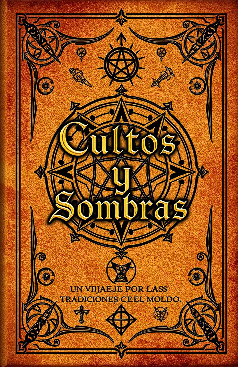 An ancient book cover design, titled 'Cultos y Sombras: Un Viaje por las Tradiciones Ocultas del Mundo', featuring intricate occult symbols from various cultures around the world, elegantly intertwined across the cover