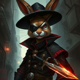 A captivating illustration of a rabbitfolk bloodhunter, masterfully blending an aura of danger and intrigue