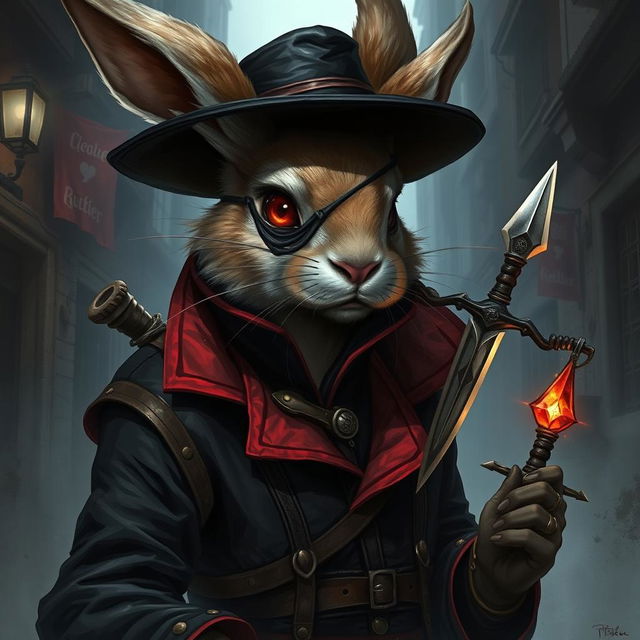 A captivating illustration of a rabbitfolk bloodhunter, masterfully blending an aura of danger and intrigue