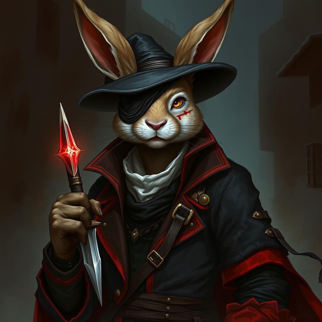 A captivating illustration of a rabbitfolk bloodhunter, masterfully blending an aura of danger and intrigue