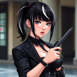 A beautiful black-haired girl with white streaks in her hair, featuring bangs and a ponytail