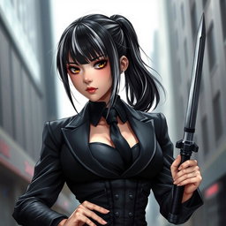 A beautiful black-haired girl with white streaks in her hair, featuring bangs and a ponytail