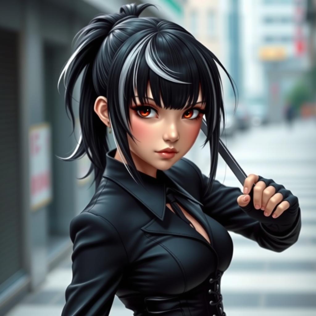 A beautiful black-haired girl with white streaks in her hair, featuring bangs and a ponytail