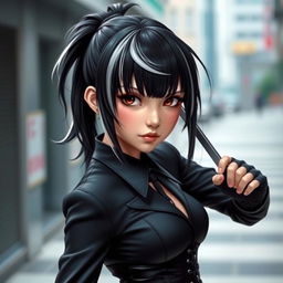A beautiful black-haired girl with white streaks in her hair, featuring bangs and a ponytail