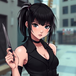 A beautiful black-haired girl with white streaks in her hair, featuring bangs and a ponytail