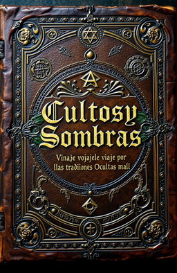 An ancient book cover design featuring the title 'Cultos y Sombras: Un Viaje por las Tradiciones Ocultas del Mundo', embossed with intricate symbols of occultism from around the world, including alchemical symbols, runes, and geometric patterns