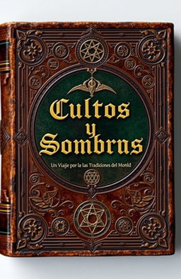 An ancient book cover design featuring the title 'Cultos y Sombras: Un Viaje por las Tradiciones Ocultas del Mundo', embossed with intricate symbols of occultism from around the world, including alchemical symbols, runes, and geometric patterns