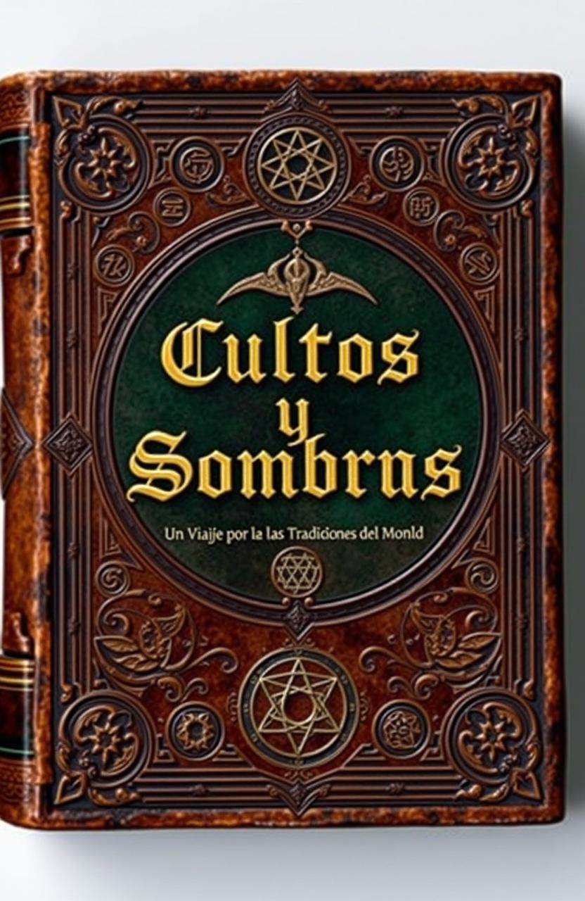 An ancient book cover design featuring the title 'Cultos y Sombras: Un Viaje por las Tradiciones Ocultas del Mundo', embossed with intricate symbols of occultism from around the world, including alchemical symbols, runes, and geometric patterns