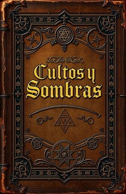 An ancient book cover design featuring the title 'Cultos y Sombras: Un Viaje por las Tradiciones Ocultas del Mundo', embossed with intricate symbols of occultism from around the world, including alchemical symbols, runes, and geometric patterns