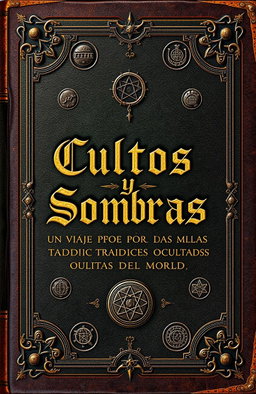 An ancient book cover design featuring the title 'Cultos y Sombras: Un Viaje por las Tradiciones Ocultas del Mundo', embossed with intricate symbols of occultism from around the world, including alchemical symbols, runes, and geometric patterns