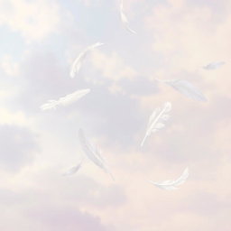 A serene, ethereal scene featuring delicate floating feathers gracefully drifting through a gentle breeze