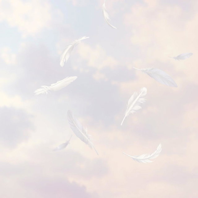 A serene, ethereal scene featuring delicate floating feathers gracefully drifting through a gentle breeze