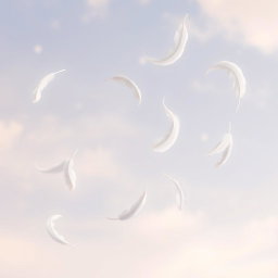 A serene, ethereal scene featuring delicate floating feathers gracefully drifting through a gentle breeze