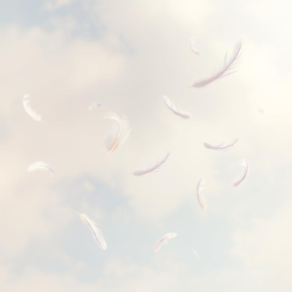 A serene, ethereal scene featuring delicate floating feathers gracefully drifting through a gentle breeze