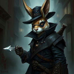 A striking illustration of a rabbitfolk bloodhunter, embodying a thrilling mix of danger and intrigue