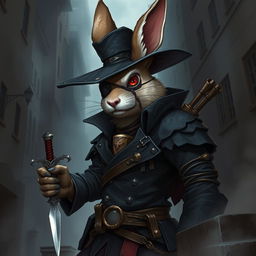 A striking illustration of a rabbitfolk bloodhunter, embodying a thrilling mix of danger and intrigue