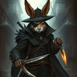 A striking illustration of a rabbitfolk bloodhunter, embodying a thrilling mix of danger and intrigue