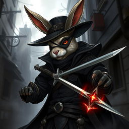 A striking illustration of a rabbitfolk bloodhunter, embodying a thrilling mix of danger and intrigue