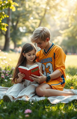 A heartwarming scene depicting a romance between a girl and a boy in a serene park setting