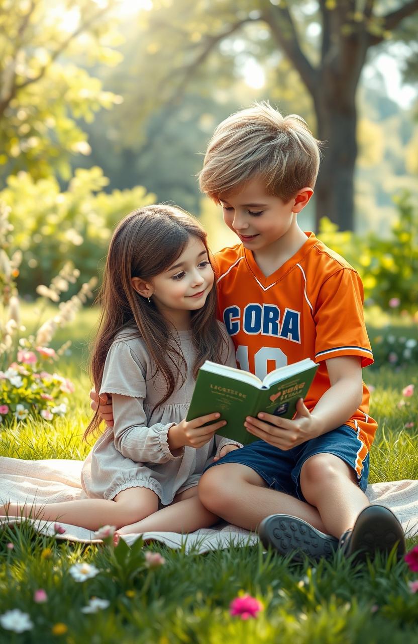 A heartwarming scene depicting a romance between a girl and a boy in a serene park setting