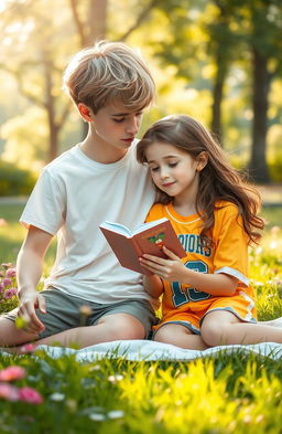 A heartwarming scene depicting a romance between a girl and a boy in a serene park setting