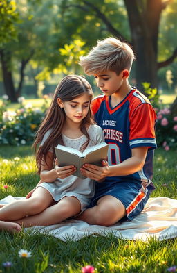 A heartwarming scene depicting a romance between a girl and a boy in a serene park setting