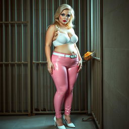 A full-length photograph of a sexy, stunning, and beautiful chubby 18-year-old girl with luscious blond hair and captivating crystal blue eyes