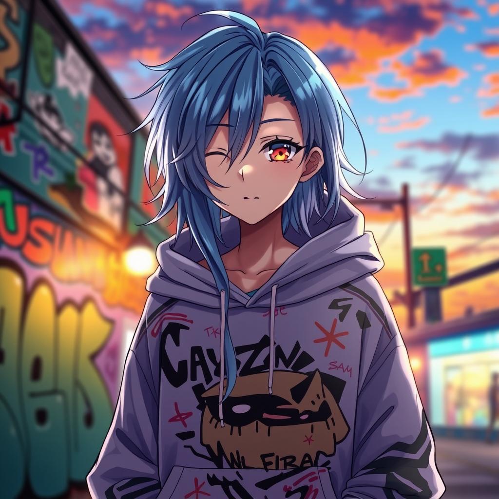 An anime boy with long flowing hair wearing a stylish hoodie, the hair shimmering in shades of blue and silver, partially covering one eye