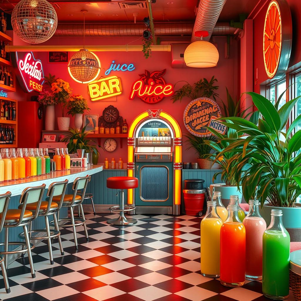 A vibrant and refreshing scene depicting a retro-inspired juice bar filled with colorful, artistic juice bottles and vintage decor