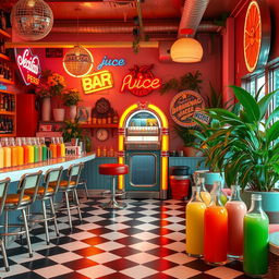 A vibrant and refreshing scene depicting a retro-inspired juice bar filled with colorful, artistic juice bottles and vintage decor