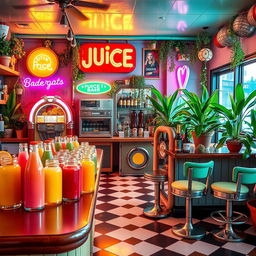 A vibrant and refreshing scene depicting a retro-inspired juice bar filled with colorful, artistic juice bottles and vintage decor