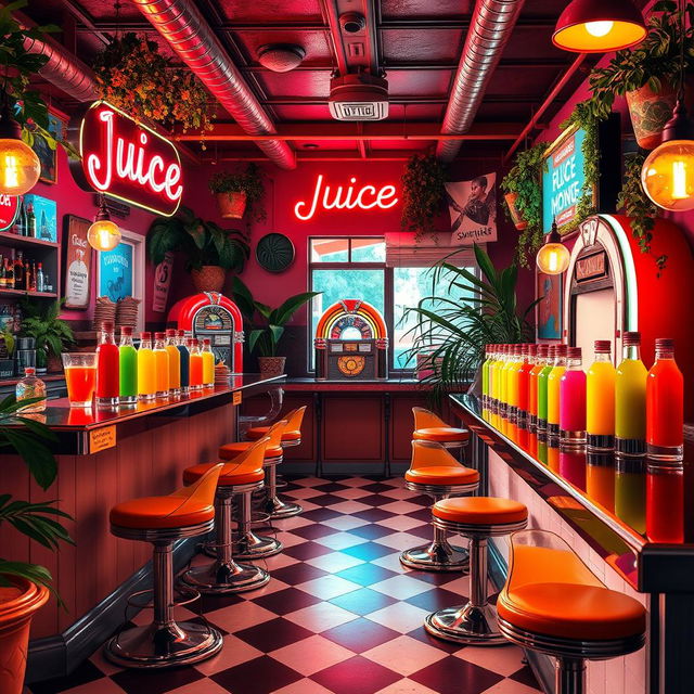 A vibrant and refreshing scene depicting a retro-inspired juice bar filled with colorful, artistic juice bottles and vintage decor
