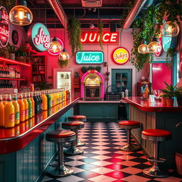 A vibrant and refreshing scene depicting a retro-inspired juice bar filled with colorful, artistic juice bottles and vintage decor