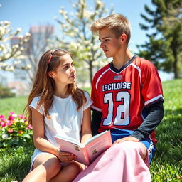 A tender romantic scene featuring two teenagers, a girl and a boy, in a picturesque outdoor setting