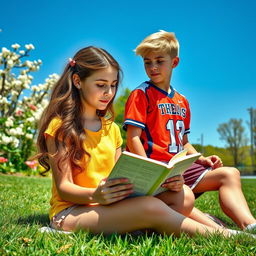 A tender romantic scene featuring two teenagers, a girl and a boy, in a picturesque outdoor setting