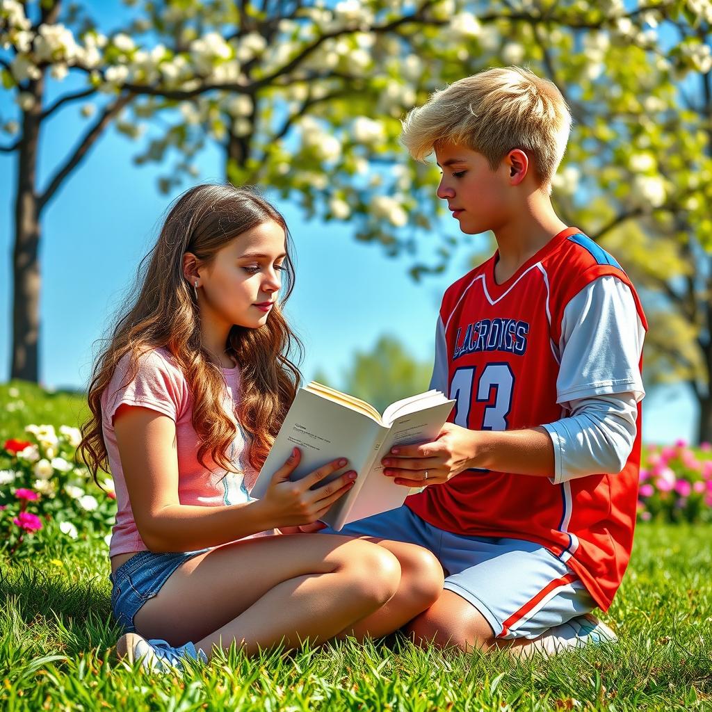 A tender romantic scene featuring two teenagers, a girl and a boy, in a picturesque outdoor setting