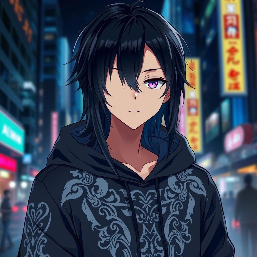 An anime boy with long, sleek black hair cascading down his shoulders, adorned in a trendy black hoodie