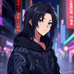 An anime boy with long, sleek black hair cascading down his shoulders, adorned in a trendy black hoodie