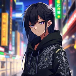 An anime boy with long, sleek black hair cascading down his shoulders, adorned in a trendy black hoodie