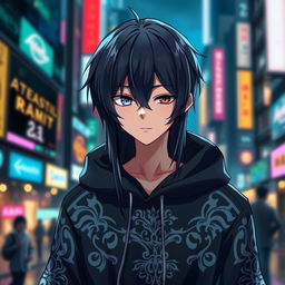 An anime boy with long, sleek black hair cascading down his shoulders, adorned in a trendy black hoodie