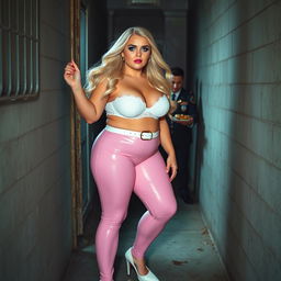 A full-length photograph of a sexy, stunning, and beautiful chubby 18-year-old girl with flowing blond hair and striking crystal blue eyes