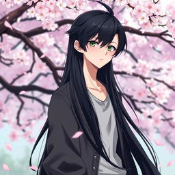 An anime boy with long, lustrous black hair that flows elegantly down his back