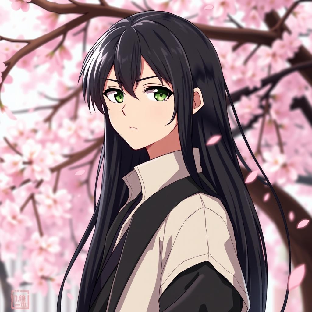 An anime boy with long, lustrous black hair that flows elegantly down his back