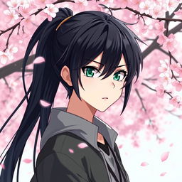 An anime boy with long, lustrous black hair that flows elegantly down his back